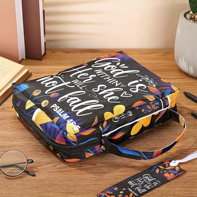 Yaomiao Bible Cover Case for Women Girls Large Bible Bag with Flowers Printing Carrying Case with Handle, 8 Pens, 90 Tabs Cover Bag Portable with Bookmarks for Study Christian Gift(Stylish Style)