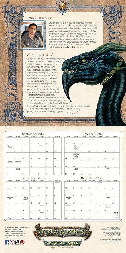 Dragons by Ciruelo 2026 Wall Calendar, 12-Month Fantasy Calendar, 12" x 12", Monthly Calendar 2026 Planner with Large Grids for Office or Home