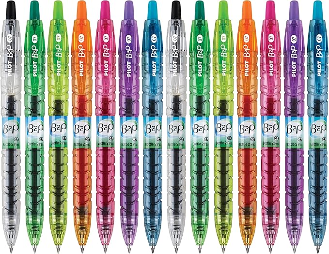 PILOT B2P Colors - Bottle to Pen Refillable & Retractable Rolling Ball Gel Pen Made From Recycled Bottles, Fine Point, Assorted Color G2 Inks, 14 Count (15355) (Pack of 7)