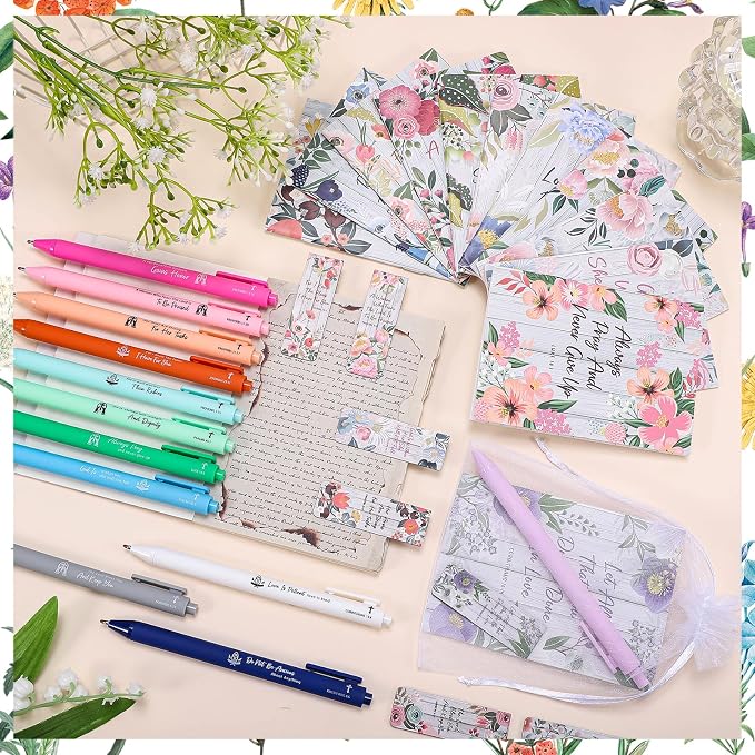 WSICSE 144 Pcs Christian Floral Bible Gifts Set Bulk, Religious Scripture Notebooks Verses Bookmarks Bible Quote Pens Organza Bags for Inspirational Bible Gifts for Office School