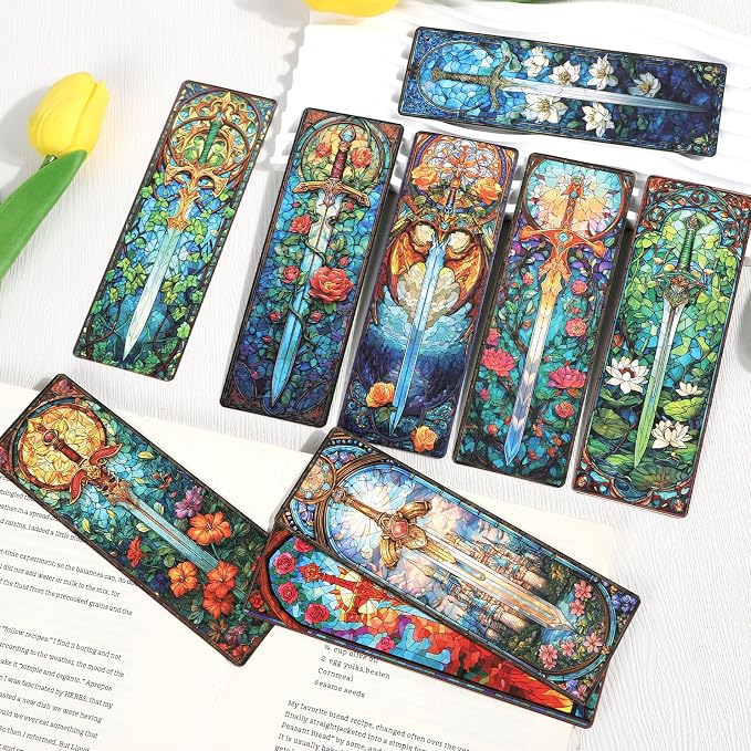 Wxiben Stained Glass Sword Bookmarks - 100 Pcs Cool Fantasy Bookmark Unique Sword Flower Book Marks Book Markers Page Clip GIFS for Women Men Teens Students Teacher Reading Bookworm Bookish
