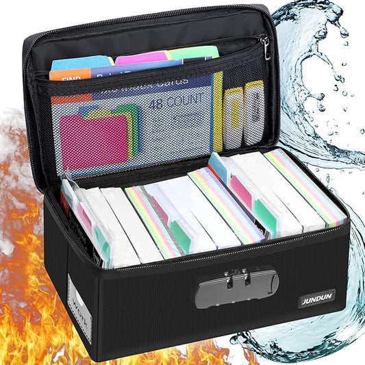 JUNDUN Fireproof Index Card Holder with Lock, Collapsible, Black, 4x6 Inch