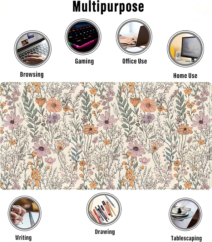 Wild Flowers Gaming Mouse Pad, Floral Cute Keyboard Mouse Mat, Full Desk Protector, Aesthetic Desk Decor 31.5"x15.75"