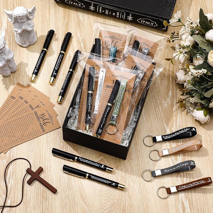 Feifeiya 25 Sets Father's Day Christian Church Gifts Bulk Bible Verse Plastic Gel Pen Religious Silicone Keychains Scripture Bookmarks for Men Women Empowerment Sunday Study Group Gifts(Black)