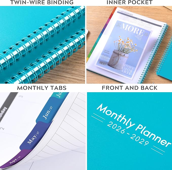 Artfan Monthly Planner/Calendar 2026-2029 - Jul.2026 - Jun.2029, 9" x 11", 3 Year Monthly Planner 2026-2029 with 36-Month Calendar + Colorful Tabs + Pocket - Teal