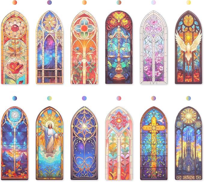 12 PCS Stained Glass Theme PET Bookmarks for Women, Lightweight Church Window Bookmark Set Artistic Book Mark for Girls, Readers, Teenage, Christmas New Year Gift Birthday Present for Book Lovers