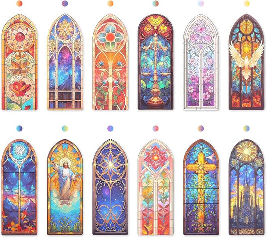 12 PCS Stained Glass Theme PET Bookmarks for Women, Lightweight Church Window Bookmark Set Artistic Book Mark for Girls, Readers, Teenage, Christmas New Year Gift Birthday Present for Book Lovers