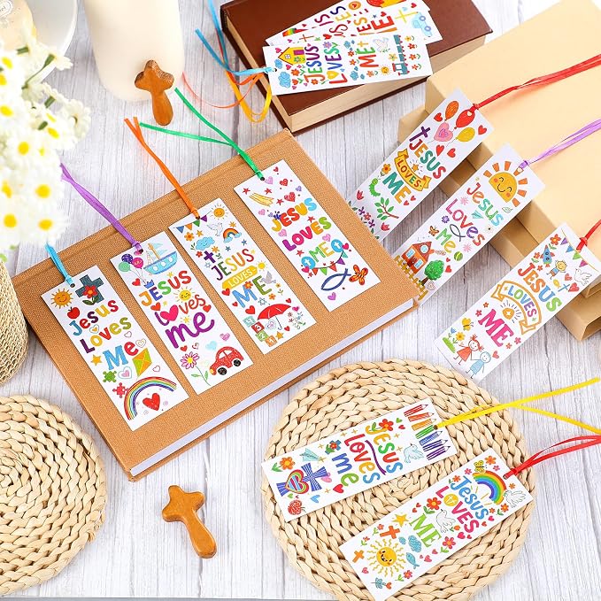 Yaomiao 120 Pcs Jesus Loves Me Bookmarks with Ribbon Jesus Party Favors Paper Religious Cross Bookmarks Inspirational Christian Gifts Bulk for Bible Study Sunday School VBS Party Supplies