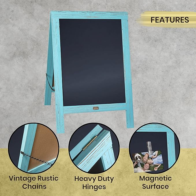 A Frame Chalkboard by HBCY Creations: 20x30 Solid Wood A-Frame Sign Robin Blue Double-Sided Magnetic Board, Chalkboard Menu Board, for Restaurants, Cafés, Weddings - Heavy Duty Hinges