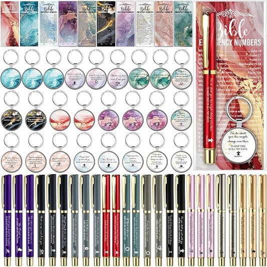Feifeiya 75 Pcs Father's Day Christian Gifts Bulk 25 Bible Verse Pens 25 Religious Keychains 25 Emergency Number Bookmark Christian Church Gifts for Men Pastor Sunday School Church VBS(Colorful,Fresh)