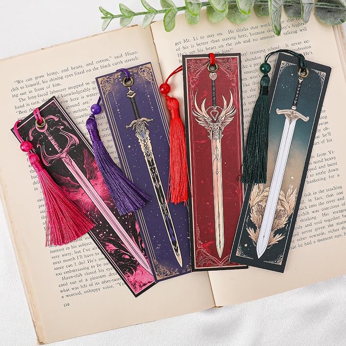 Fantasy Sword Bookmark Gifts - 4 Pcs Cool Vintage Bookmarks with Tassels Paper Anime Book Marks Office Home Supplies Gift for Reading Lovers Novel Fans Writers Kids Men Teacher Students Reader