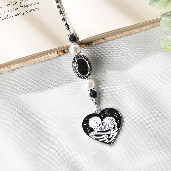 Gothic Skull Bookmark Gifts - Black Halloween Skeleton Beaded Bookmarks for Women Men Book Lovers Crystal Bead Chain Page Marks School Office Reading Accessories Bookish Gift for Birthday