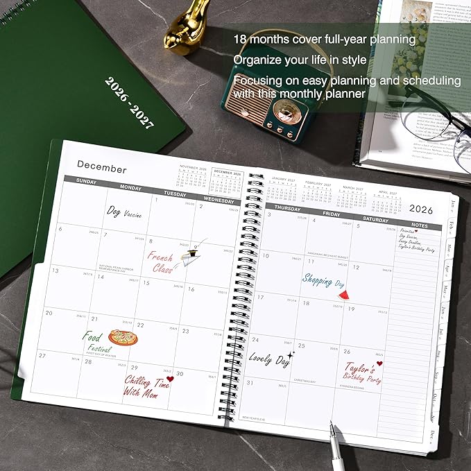 Monthly Planner 2026-2027 - JUL 2026- DEC 2027, 9" × 11" Monthly Calendar, Planner 2026-2027, 18-Month Calendar Planner with Tabs, Thick Paper, Pocket, Label, Twin- Wire Binding- Dark Green