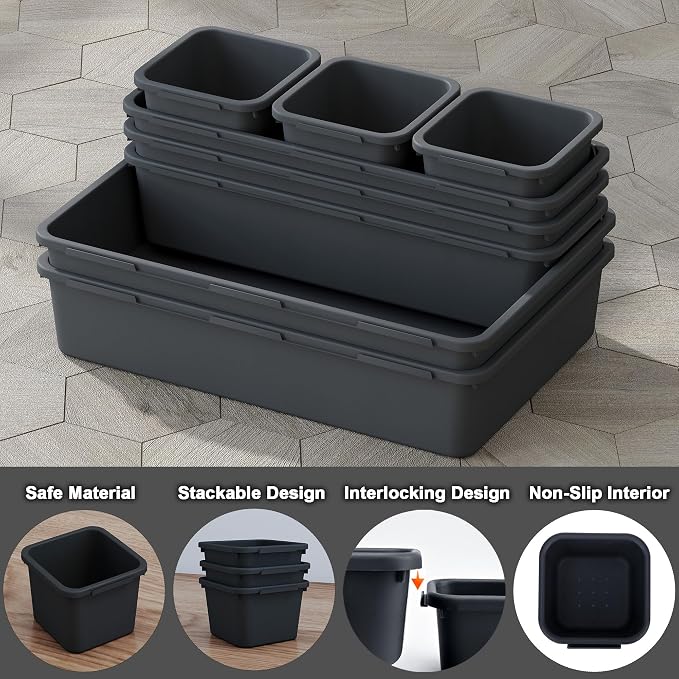 QUELIEN Desk Drawer Organizer Tray Set, 16PCS Plastic Drawer Organizer Bins for Office, Makeup, Kitchen - Gray Blue Desk Organizer with Flexible Interlocking Design for Efficient (Gray Blue, 16PCS)