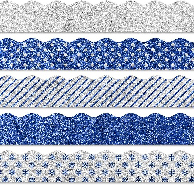 Whaline 69Ft Winter Glitter Bulletin Board Borders 5 Designs Blue Silver Snowflake Stripe Dot Decoration Trim Border for School Classroom Office Decoration