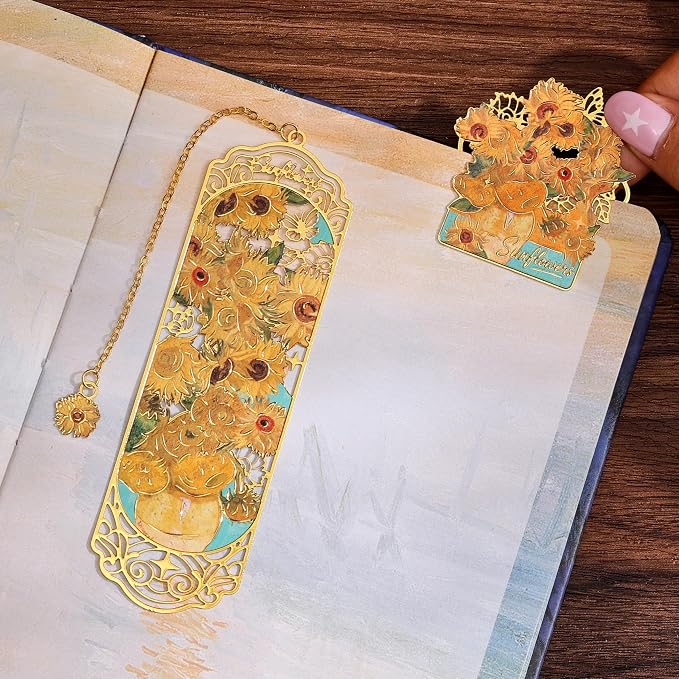 Luxury Metal Bookmark & Book Clip Gift Set, Oil Painting Themed Sunflowers, 1 Bookmark with Pendant + 1 Book Clip, Elegant Christmas New Year Gift Box for Women Book Lovers Writers Readers Teens