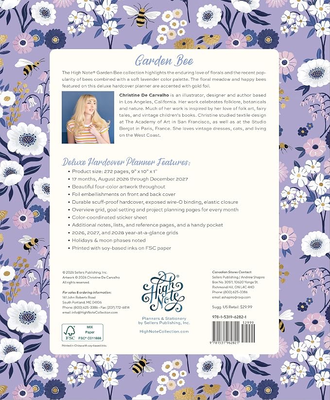 High Note 2027 Planner, 17-Month Weekly & Monthly Hardcover Planner: August 2026 to December 2027, 9" x 10", Garden Bee with Notes, Lists & Reference Pages + Sticker Sheet