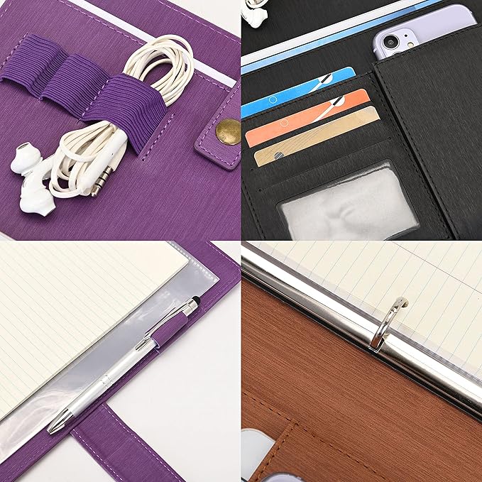 Wonderpool A4 PU Leather Portfolio Holder Ring File Document Case with Removable Binder Clipboard, Multi Pocket and Legal Pad for Business Organizer Interview and Meeting (Brown)
