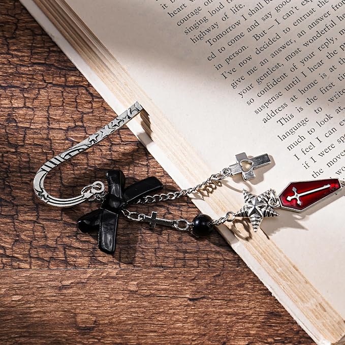 Charm Gothic Bookmark Gifts - Fantasy Unique Dark Aesthetic Silver Chain Tassel Metal Book Mark Black Bow Cross Star Personalized Bookmarks Reading Women Girls Readers Birthday Valentines