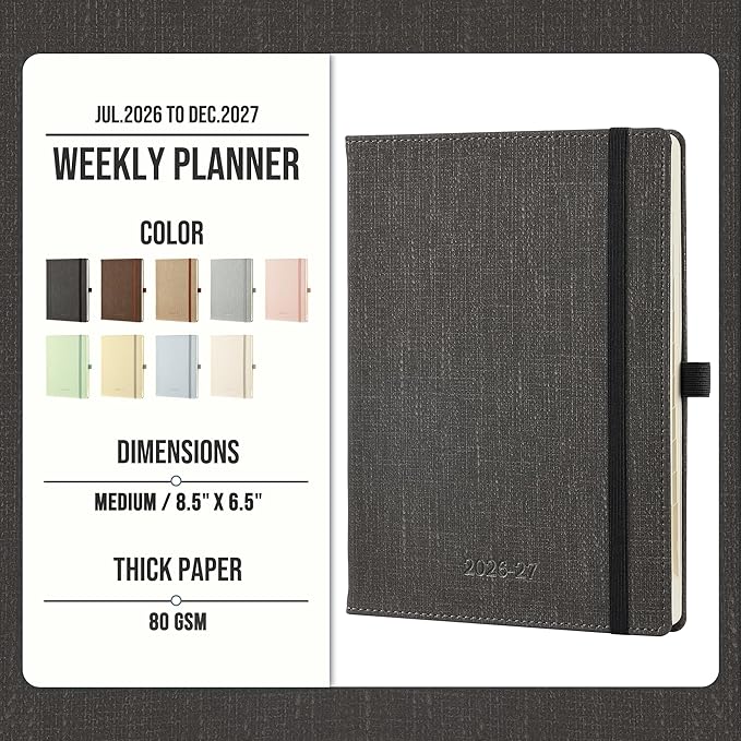 Planner 2026-2027 Weekly & Monthly Planner, 18 Month Academic Calendar July 2026 – Dec 2027, Horizontal Layout with Monthly Tabs, Textured Fabric Hardcover, Grey