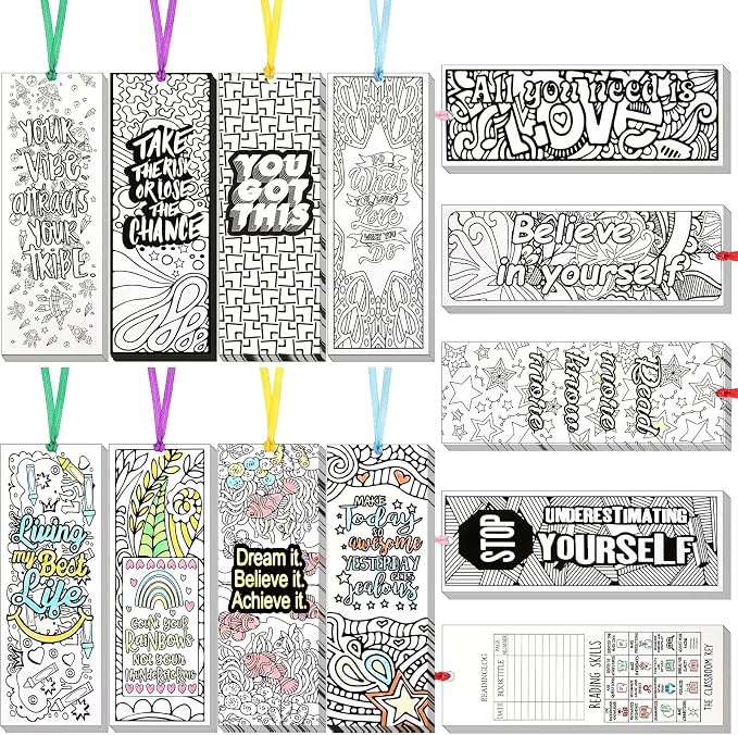 Gersoniel 180 Pieces Color Your Own Bookmark Inspirational Bookmarks for Students DIY Coloring Double-Sided Motivational Page Clip Personalized Inspirational for Kids Students Reading Activity Gift