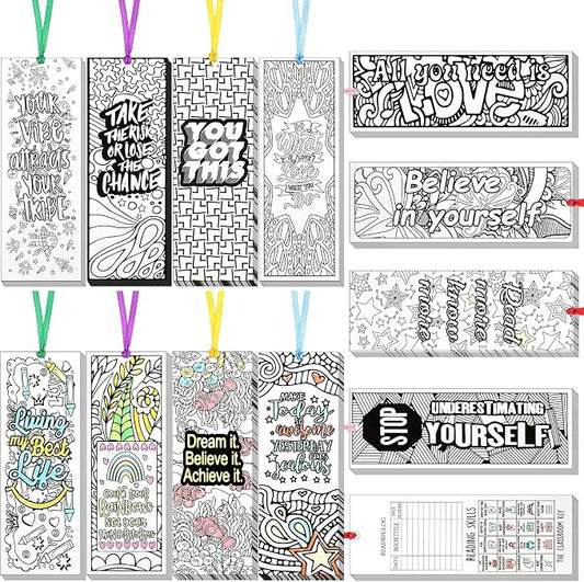 Gersoniel 180 Pieces Color Your Own Bookmark Inspirational Bookmarks for Students DIY Coloring Double-Sided Motivational Page Clip Personalized Inspirational for Kids Students Reading Activity Gift