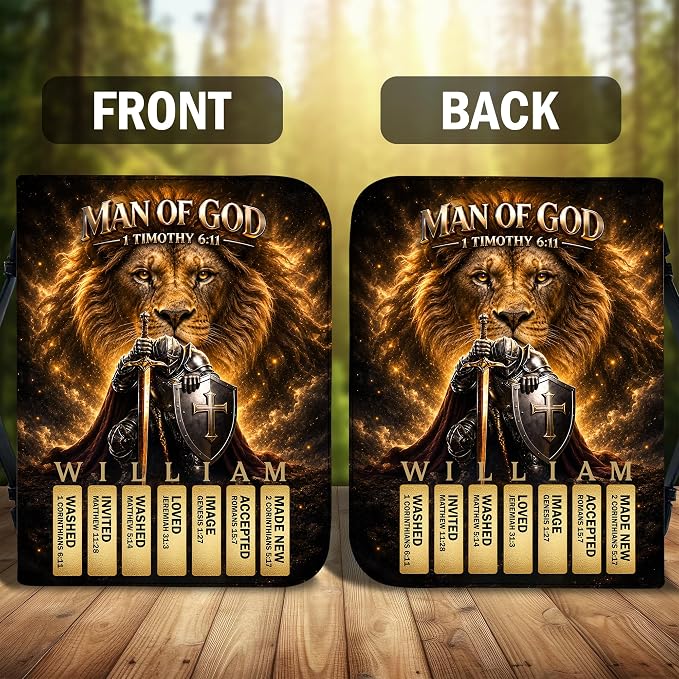 Personalized Man of God Bible Cover for Men, Christian PU Leather Bible Case with Handle Zipper, God Says I Am Warrior Scripture Bible Holder, Religious Gift for Men (Man of God Bible Verse)
