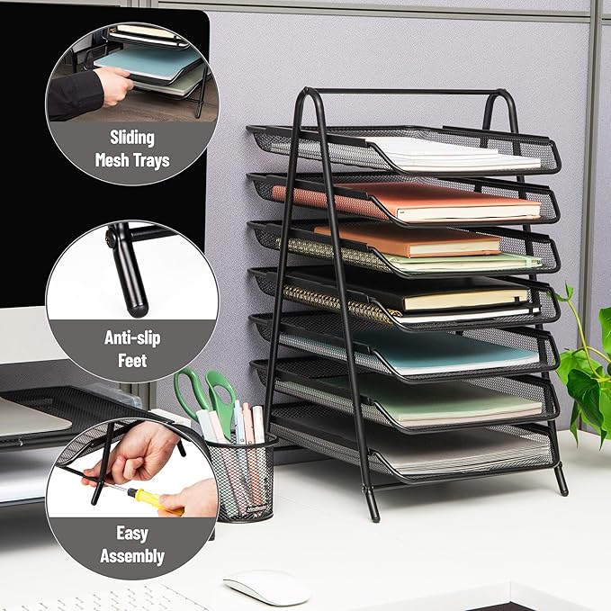 Mind Reader 7-Tier Paper Tray, Desktop Organizer, File Storage, Office, Metal Mesh, Black
