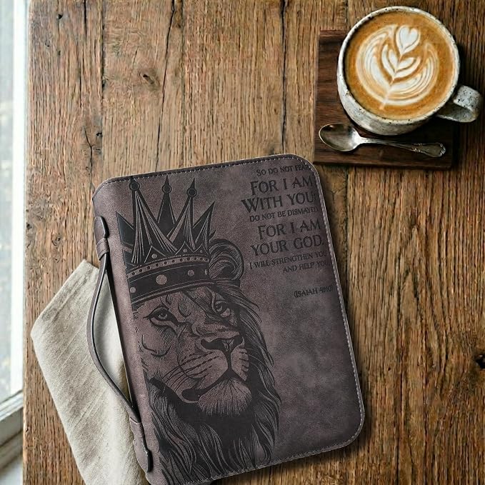 | Lion of Judah Bible Cover for Men & Women | Large Vegan Leather Bible Case with Pen | Fits Thick Study Bibles up to 10" L x 7" W x 2" H | Christian Gifts (Gray)