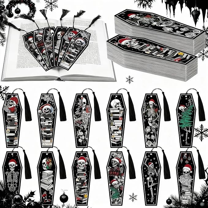 Kolldenn 120 Pcs 12 Styles Christmas Gothic Skeleton Coffin Bookmarks Double Sided Book Tracker Skull Horror Bookmark Gothic Book Marker with Black Tassels for Reading Lovers Gifts Accessories