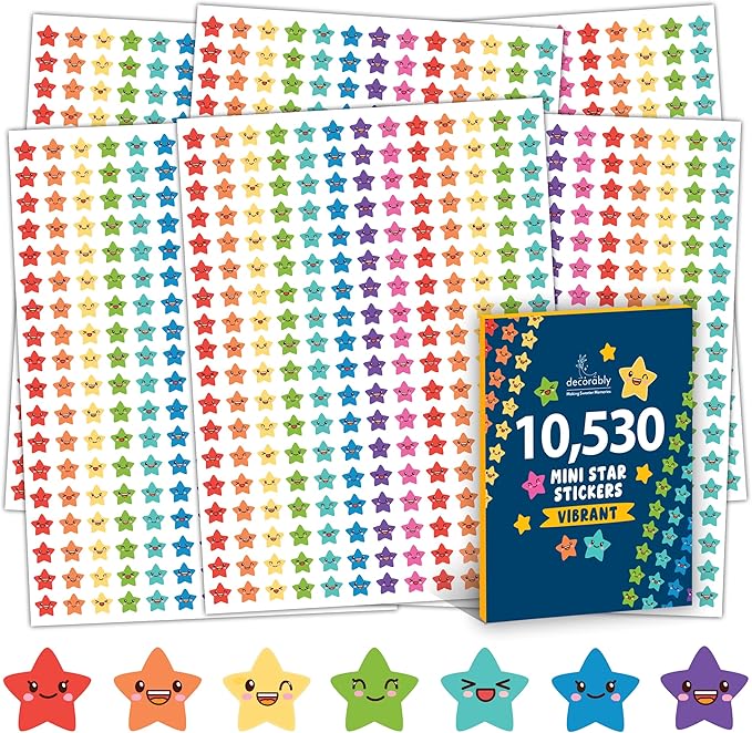 Decorably 10,530 Vibrant Small Star Stickers for Kids Reward - 45 Sheets with 5 Designs for Charts & Worksheets, Classroom Activities, Positive Reinforcement, Arts & Crafts, Scrapbooking, Gift