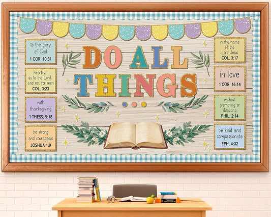 Christian Bulletin Board Set Jesus Do All Thing Classroom Decoration Religious Bible Verse Bulletin Board Church Motivational Paper Cutouts for Vacation Bible School Classroom Chalkboard Wall Decor