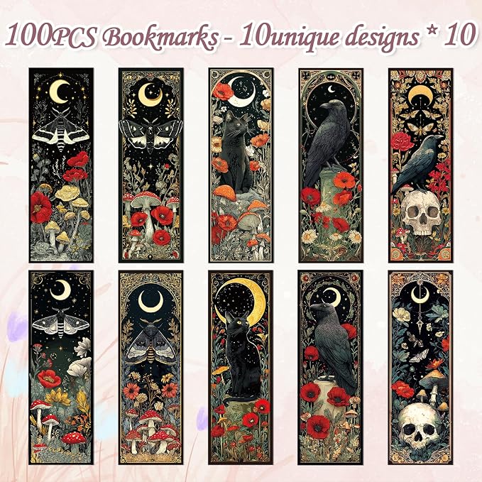 Wxiben Fantasy Bookmarks Gifts for Women - 100 Pcs Mystical Black Cat Moon Bookmark Dark Academia Book Mark Mushrooms Witchy Skull Flower Page Marker Clip for for Book Lovers Bookworms Bookish