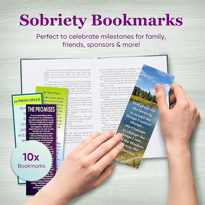 12 Step AA Sobriety Bookmarks- Set of 10 2x6 Laminated Recovery Gifts with Serenity Prayer, Big Book Index, Acceptance, St Francis Prayer, 3rd & 7th Step Prayer by Cheryl's Bookmarks