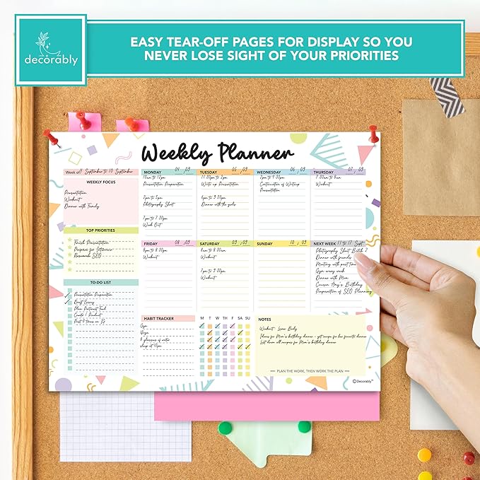 Decorably 52 Sheets Colorful Pastel Weekly To Do List Notepad - 6.5x10" Spring-Bound Planner Pad, Easy Tear-Off for Priorities, Habit Tracker, Focus & Notes - Home, School, Office