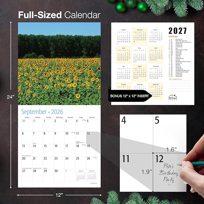 MICASA PRESS Sunflowers 2026 Wall Calendar 12 Month | 12" x 24" Open | Thick & Sturdy Paper | Giftable | Nature Calendar 2026