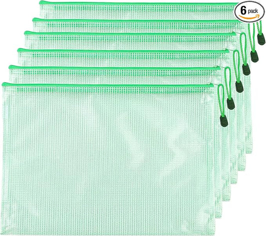 6 Pcs 16.93" x 12.01" A3 Sizes Mesh Zipper Pouch Bags, Mesh Bags with Zipper，Waterproof Clear document pouch for Organization Puzzles Travel, Office, Classroom Organization, A3 Green