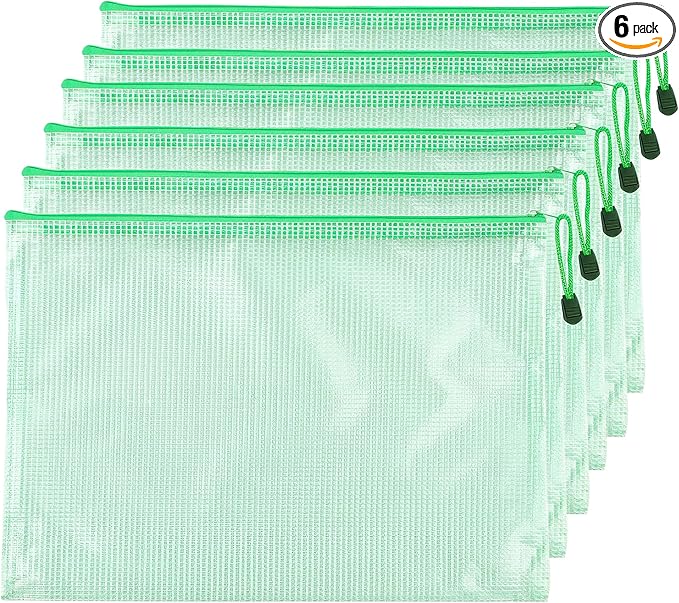 6 Pcs 11.42" x 8.27" B5 Sizes Mesh Zipper Pouch Bags, Mesh Bags with Zipper，Waterproof Clear document pouch for Organization Puzzles Travel, Office, Classroom Organization, B5 Green