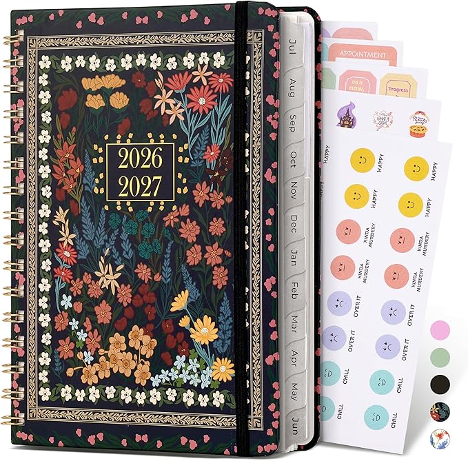 JoyCat Academic Planner 2026-2027, July 2026 - June 2027, A5 Weekly & Monthly Planner, Hardcover Agenda with Tabs, 5 Sticker Sheets, Elastic Closure & Pocket for Teachers & Students, 6.3" x 8.5", Midnight Garden