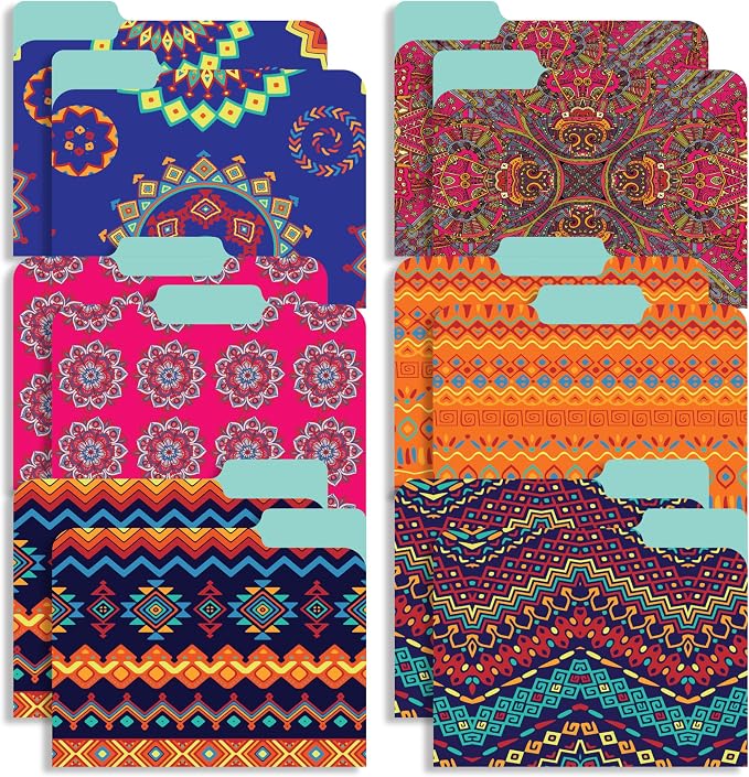Decorative File Folders 1/3 Cut Tab, 12 Pack Ethnic Design, Heavyweight Laminated Letter Size (9.5” x 11.5”), Stylish Fashion File Folders for Home, Office & School Organization.
