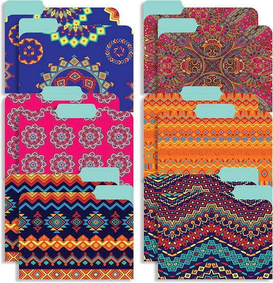 Decorative File Folders 1/3 Cut Tab, 12 Pack Ethnic Design, Heavyweight Laminated Letter Size (9.5” x 11.5”), Stylish Fashion File Folders for Home, Office & School Organization.