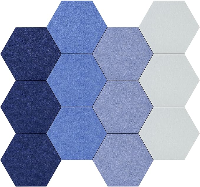 Vienrose Hexagon Felt Bulletin Board Self Adhesive Pin Board Wall Decoration Tiles with 35 Push Pins for Office Home and School, Blue Series 12 Pack