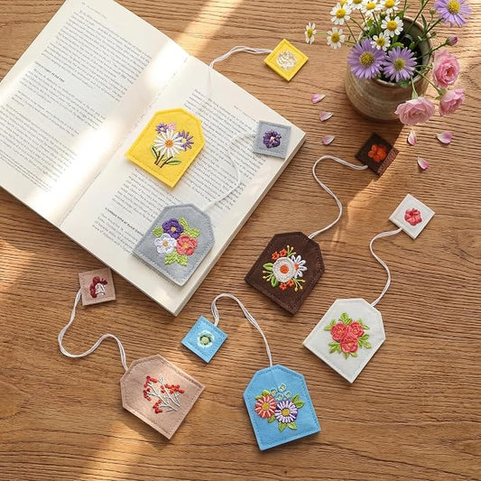 Honoson 6 Pcs Simple Tea Bag Bookmarks Tea Party Favors Floral Design Mother's Day Gift Bookmarks Cute Hand Embroidered for Women Mom Book Reading Lovers Spring Party Gift