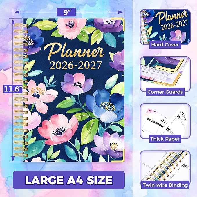 Planner 2026-2027, 18 Month Weekly and Monthly Planner, Jan. 2026 - Jun. 2027, 9" x 11.6" A4 Large Hardcover Calendar Planner with Page Tabs, Separator Page, Inner Pocket, Bookmark, Stickers, Sticky Note Set