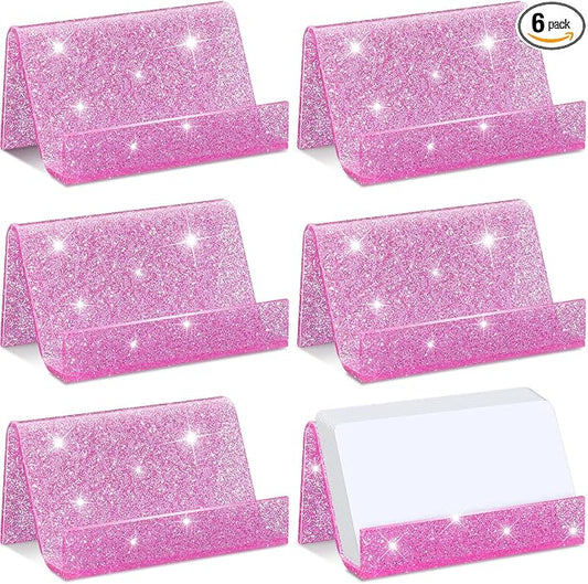 GlikCeil 6 Pack Pink Business Card Holder for Desk Glitter Acrylic Business Shine Card Holders Stand Organizer Display for Office Desktop