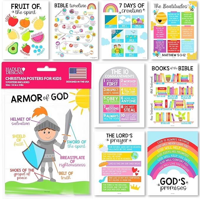 Hadley Designs Sunday School Decorations for Classroom –9 Bible Posters for Kids, Books of the Bible, 10 Commandments, Bible Timeline Chart, Fruits of the Spirit, Rainbow Christian Classroom Decor