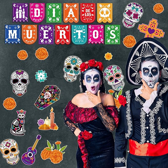 HOWAF 36 PCS Day of The Dead Bulletin Board Decorations, Dia De Los Muertos Mexican Paper Cutouts Bulletin Board Stickers with Glue for Classroom School Party Supplies Skull Cat Chrysanthemum Cutouts