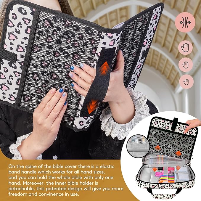 DERSTUEWE Bible Cover Case for Women – Stylish & Durable Zippered Bible Bag with Handle & Pocket, Fits Standard & Large Bibles, Perfect for Church, Travel, Study & Gifts, Leopard Print
