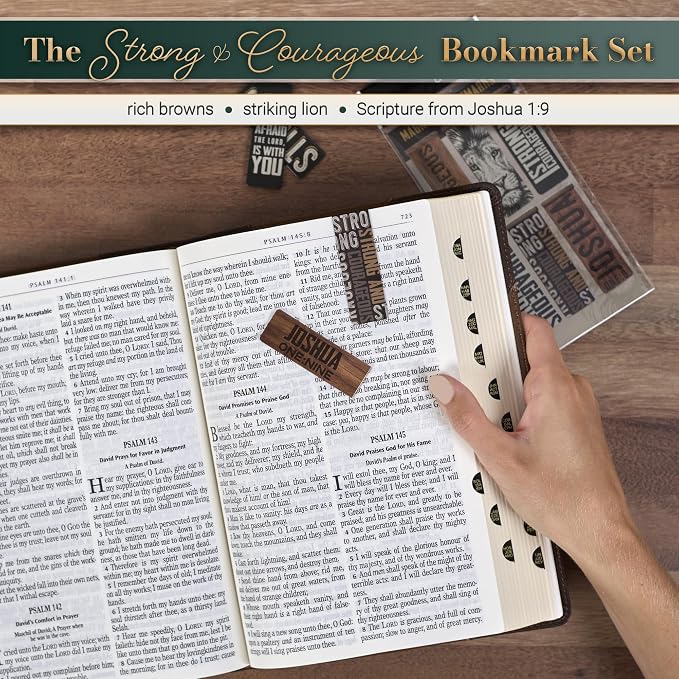 Christian Art Gifts Magnetic Scripture Bookmark/Pagemarker Set for Men: Strong & Courageous Lion - Set of 6, Inspirational Scripture for Bibles, Fridges, Books, Multicolor/Brown/Black/Gray, Small