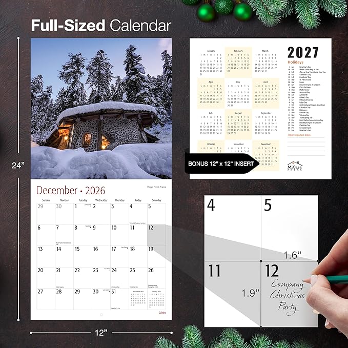 MICASA PRESS Cabins 2026 Wall Calendar 12 Month | 12" x 24" Open | Thick & Sturdy Paper | Giftable | Log Cabin Life Travel Calendar 2026